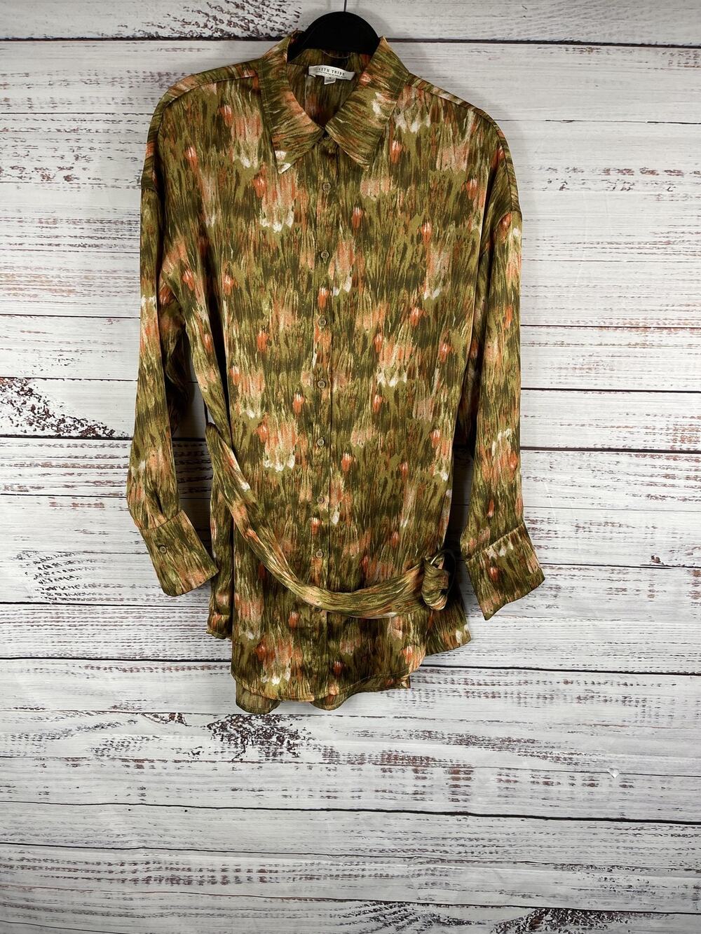 12th Tribe Shirt Women's Small Green Orange Abstract Belted Tunic Button Front